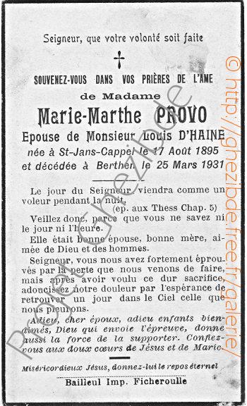 Marie Marthe Provo épouse de Louis D'Haine, décédée à Berthen, le 25 Mars 1931.